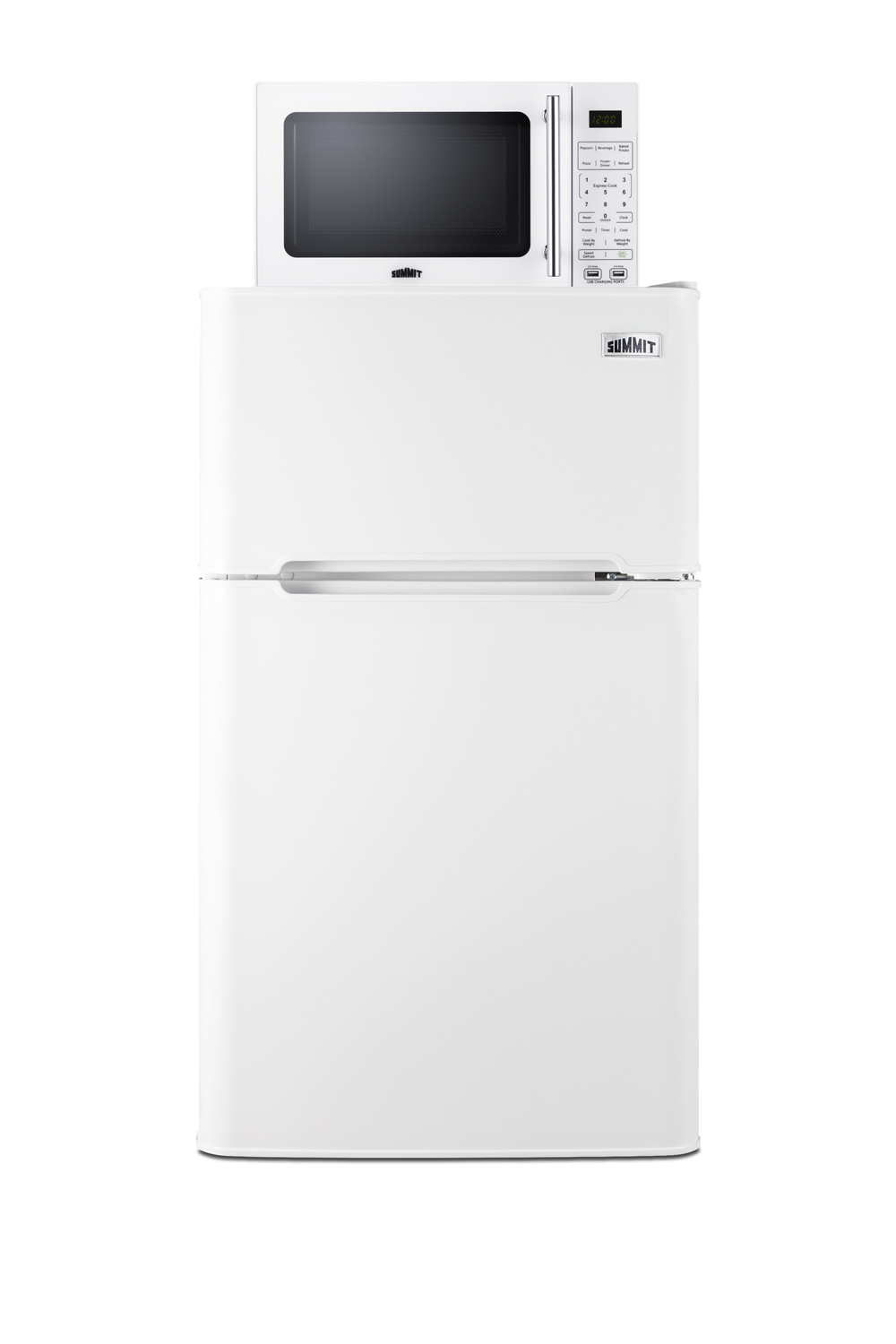 2-door refrigerator-freezer and compact microwave in white with allocator and USB ports for 1-plug operation; ships in three boxes on one pallet